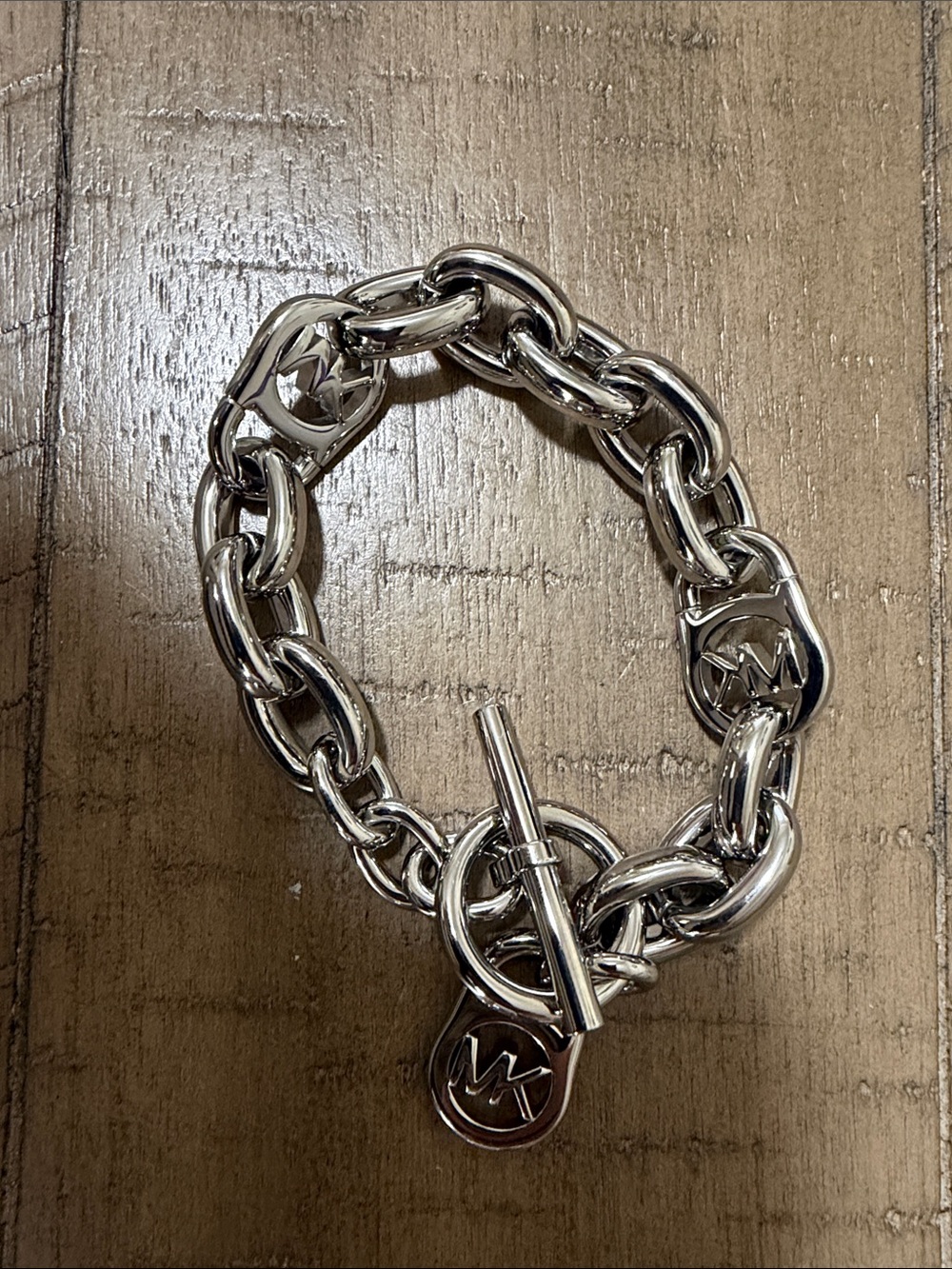 Michael Kors Polished Silver-Tone MK Toggle Chain Bracelet
